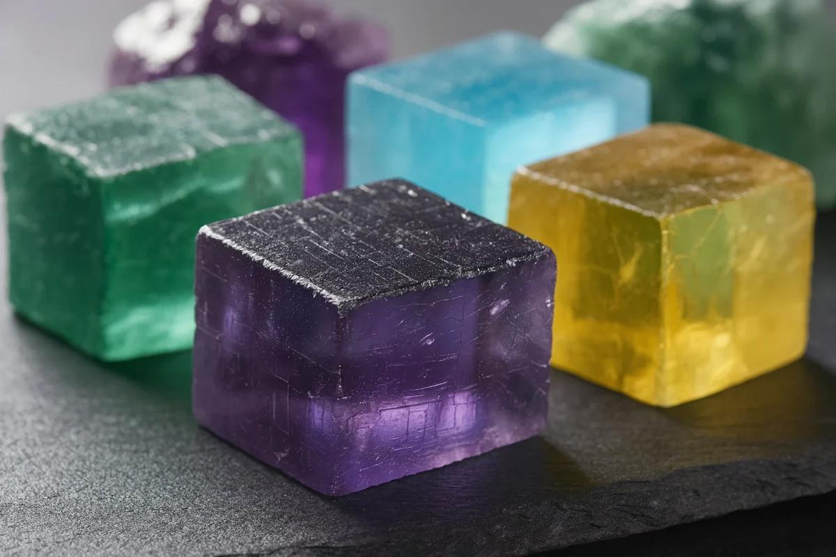 سنگ فلوریت بنفش، سبز، آبی و زرد به شکل مکعبی روی سطح سنگی تیره.