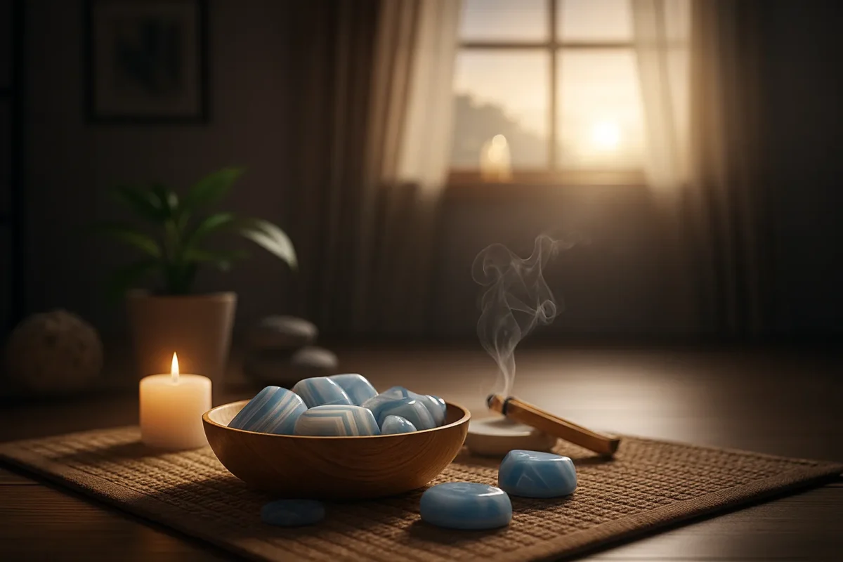 سنگ عقیق آبی در کاسه چوبی کنار شمع روشن و دود عود