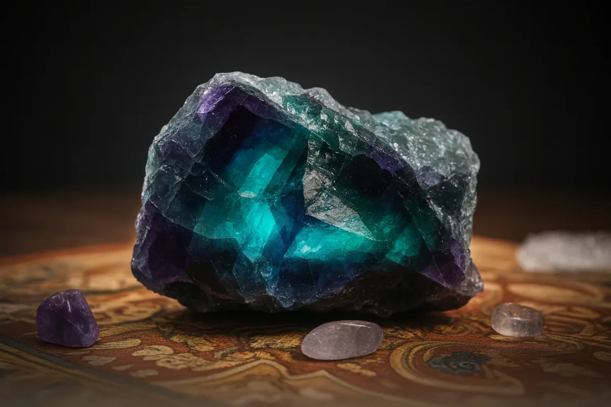 سنگ فلوریت خام با رنگ سبز و بنفش و قطرات آب روی آن