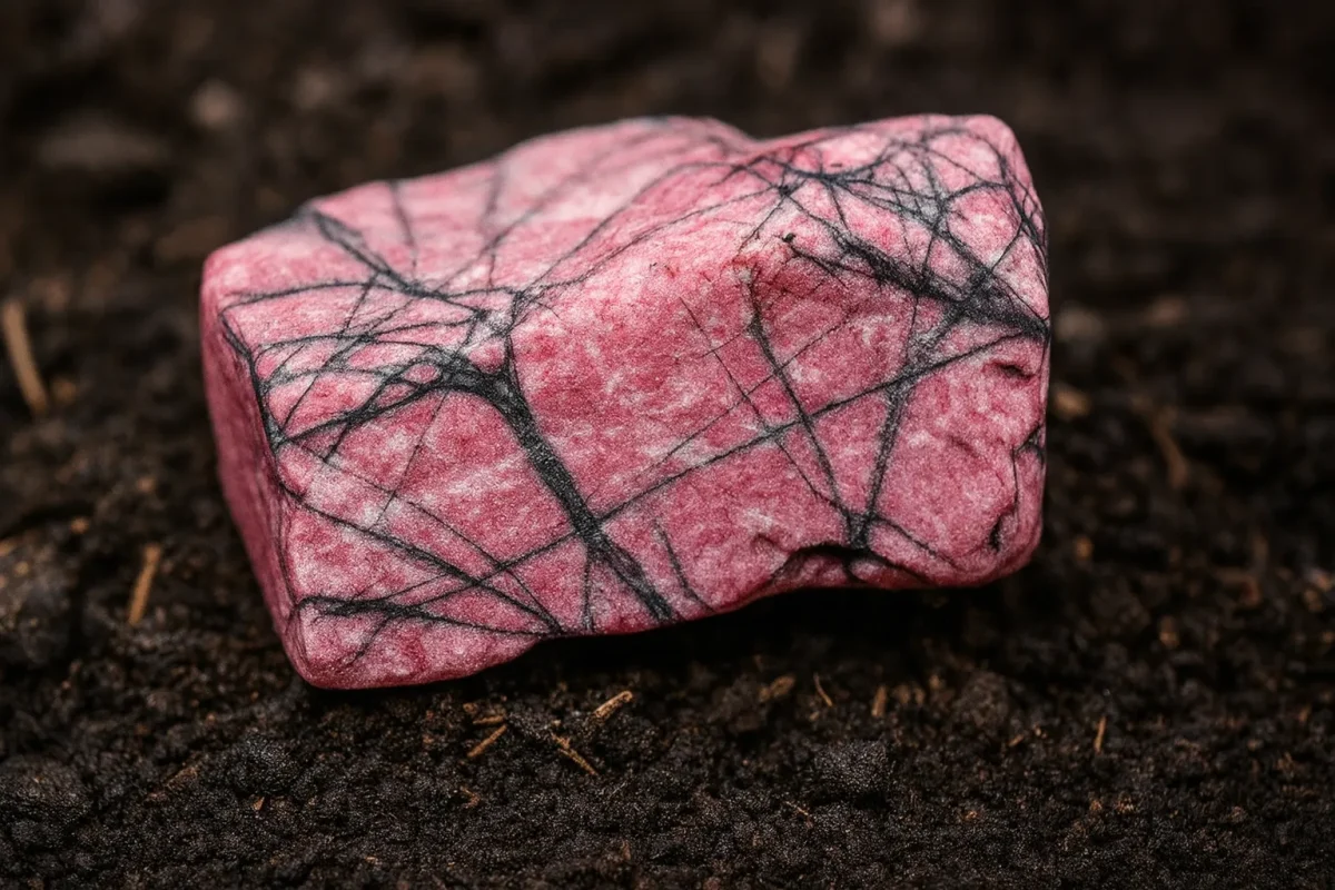 سنگ رودونیت صورتی طبیعی روی خاک تیره