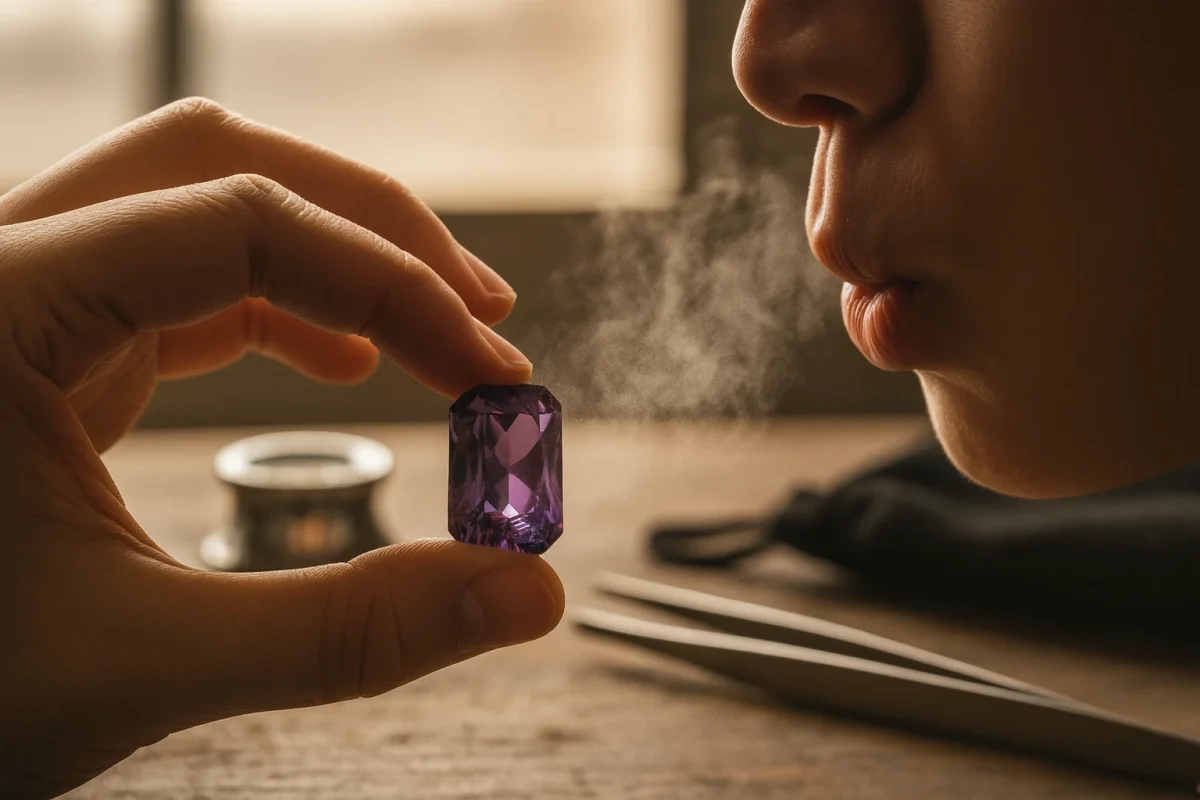 لحظه اجرای تست بخار برای تشخیص سنگ اصل از بدل با سنگ آمتیس بنفش.