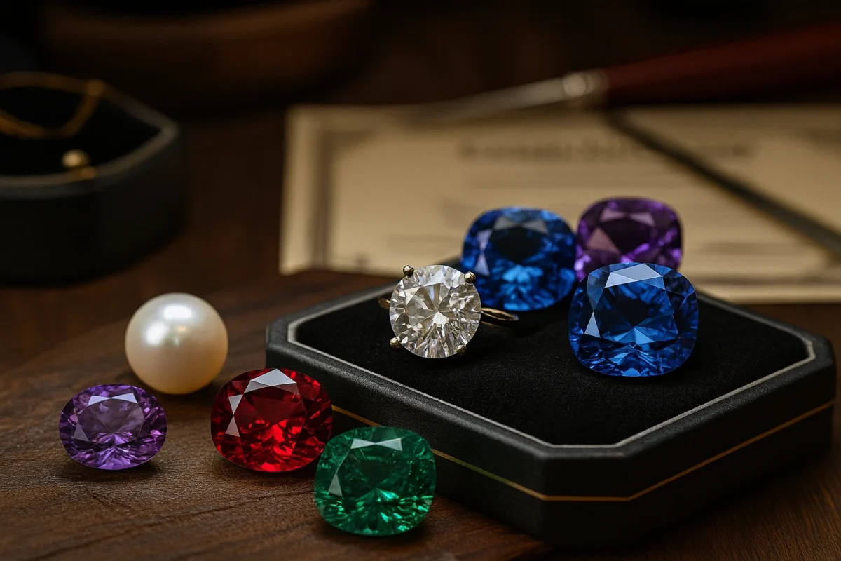 نمای نزدیک از سنگ‌های قیمتی رنگارنگ برای تشخیص سنگ اصل از بدل.