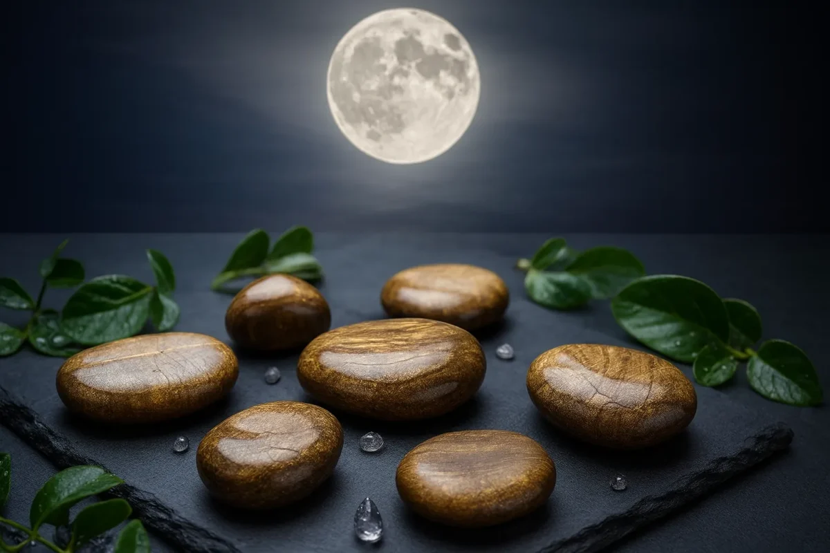 سنگ برونزیت براق روی سطح سنگی زیر نور ماه کامل