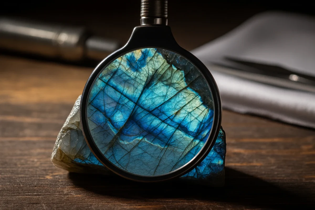 مشاهده جزئیات سنگ لابرادوریت برای تشخیص سنگ اصل از بدل زیر ذره‌بین.