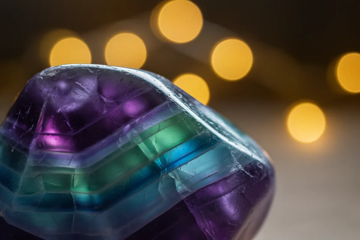 کلوزآپ سنگ فلوریت با نوارهای رنگی بنفش، سبز و آبی.