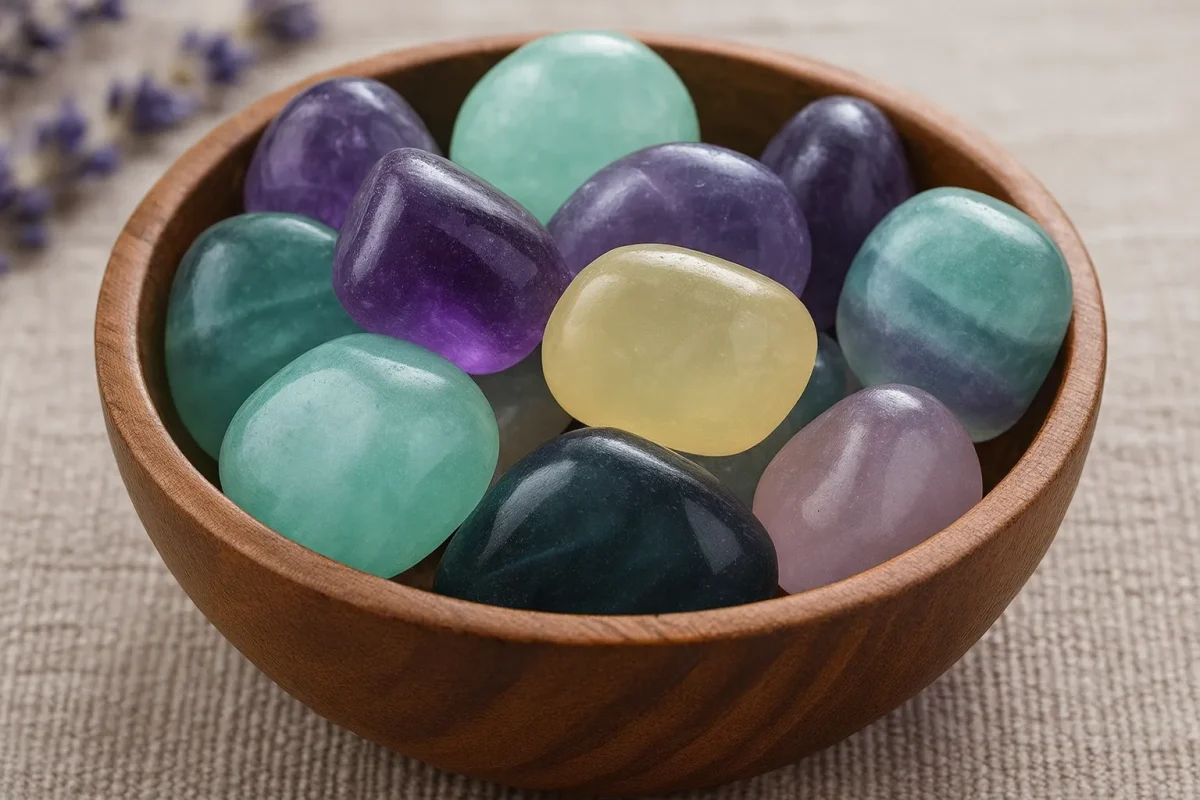 سنگ فلوریت رنگارنگ درون کاسه چوبی طبیعی