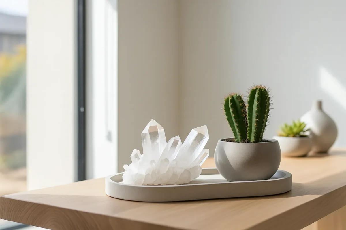 سنگ کوارتز شفاف در کنار کاکتوس به عنوان سنگ انرژی بخش