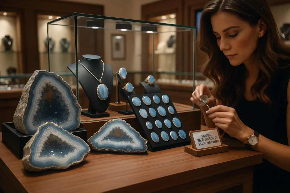 ویترین لوکس جواهرات با سنگ عقیق آبی در انواع زیورآلات