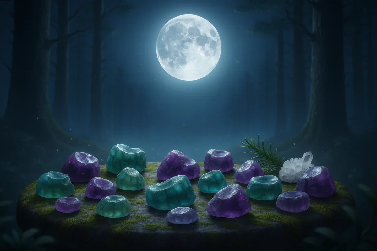 سنگهای فلوریت سبز و بنفش روی سطح سنگی در جنگل شب.