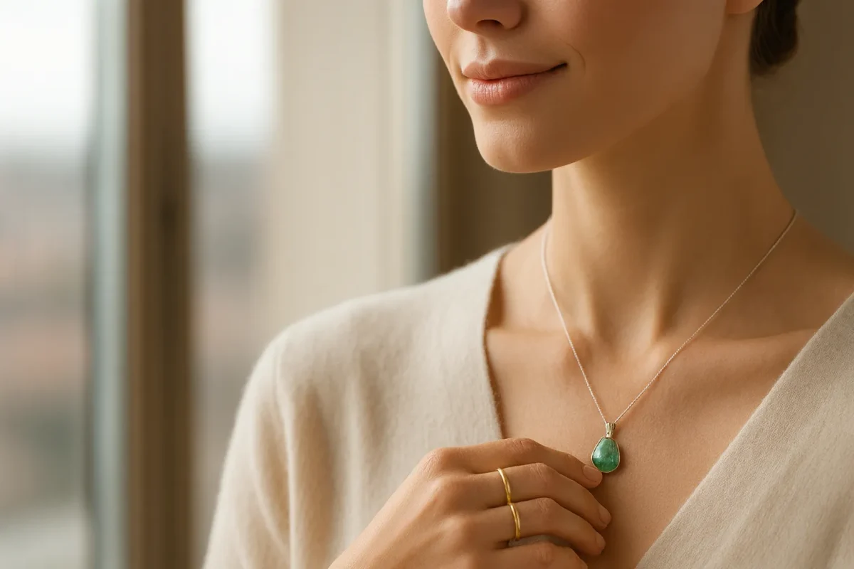 گردنبند سنگ آونتورین سبز روی گردن زن با لباس کرمی