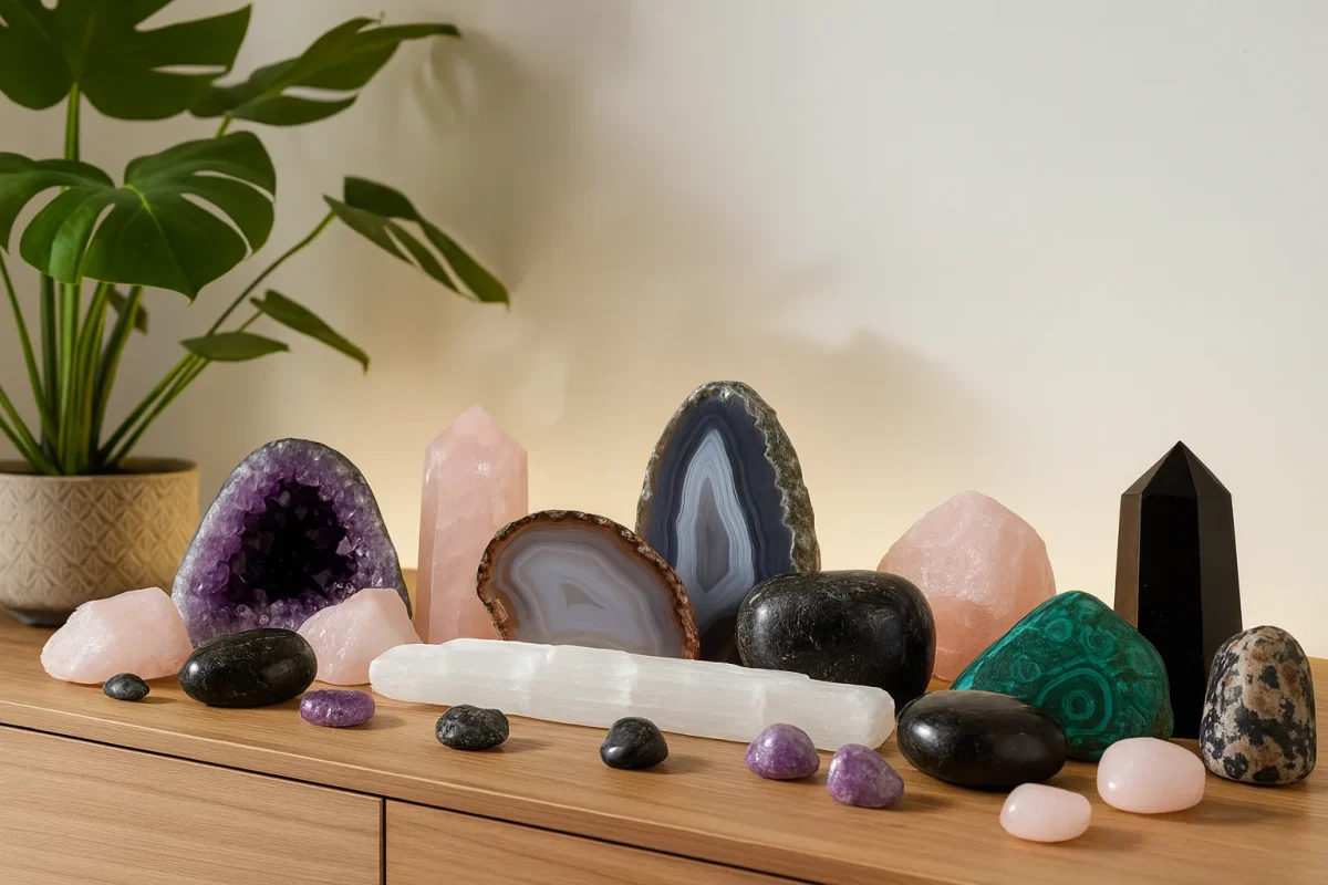 مجموعه‌ای از سنگ‌های انرژی‌ بخش طبیعی روی میز چوبی با نور ملایم