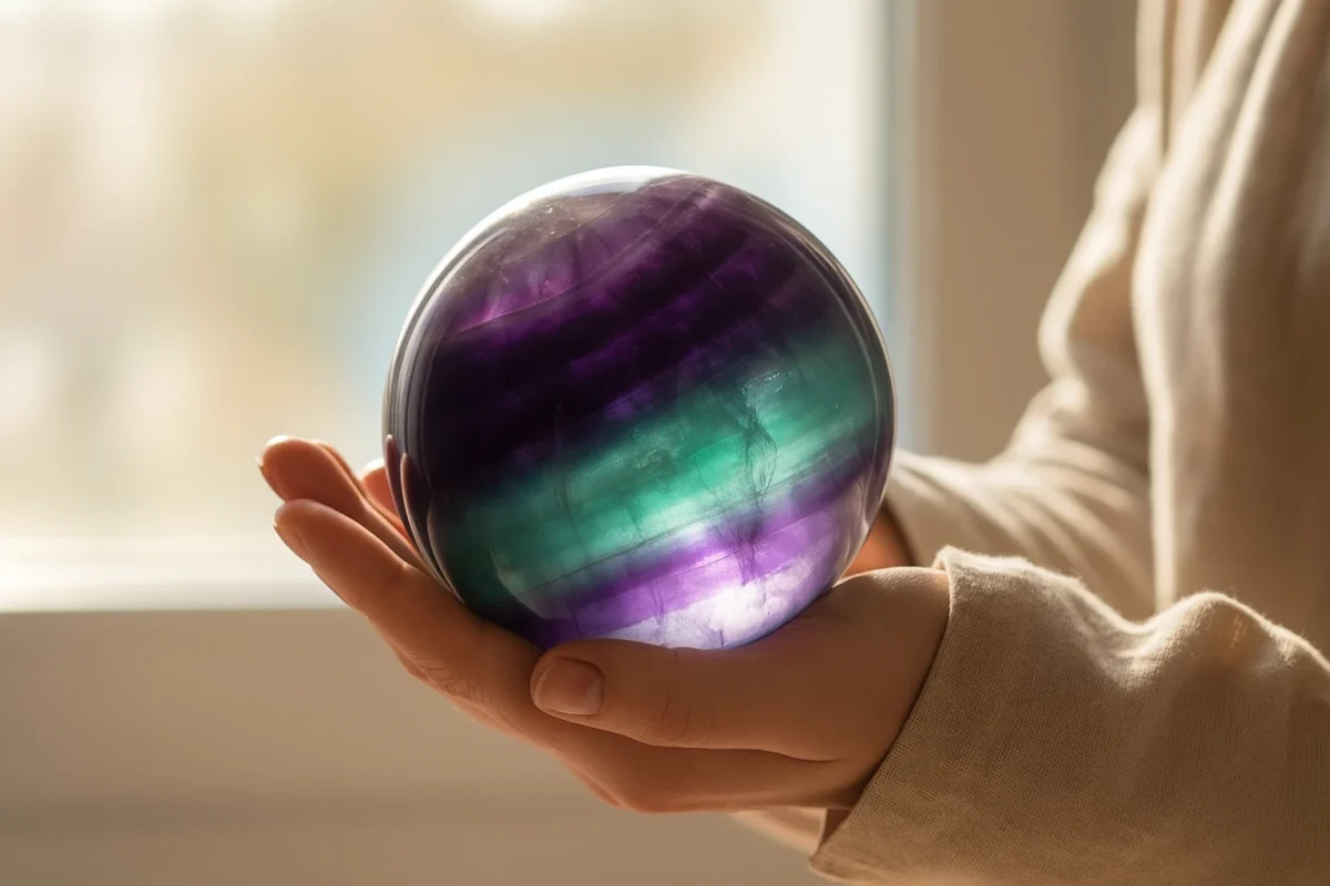 سنگ فلوریت کروی با رنگهای سبز و بنفش در دست یک فرد.