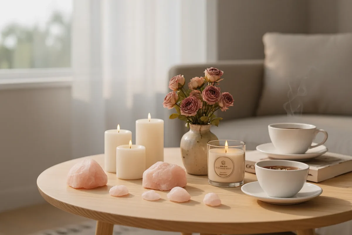 سنگ رز کوارتز و شمعهای روشن به عنوان سنگهای انرژی بخش
