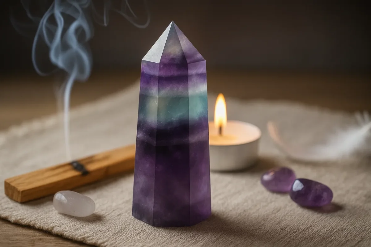 سنگ فلوریت منشوری در کنار شمع روشن و دود ملایم