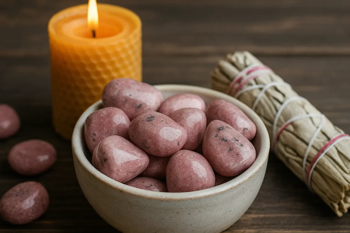 کاسه‌ای پر از سنگ‌های رودونیت کنار شمع