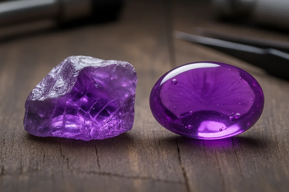 مقایسه سنگ آمتیس خام و صیقل‌خورده برای تشخیص سنگ اصل از بدل.