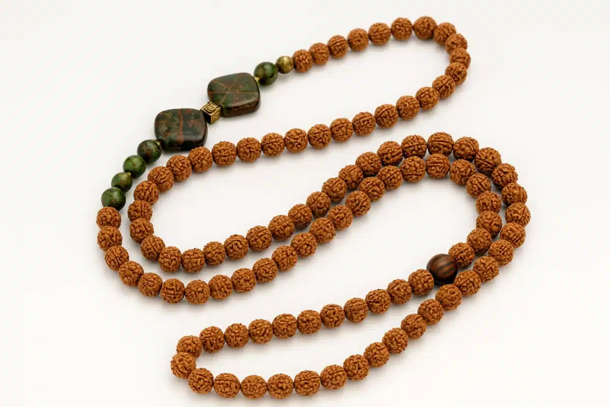 مالای رودراکشا با سنگهای سبز تزئینی روی پسزمینه سفید