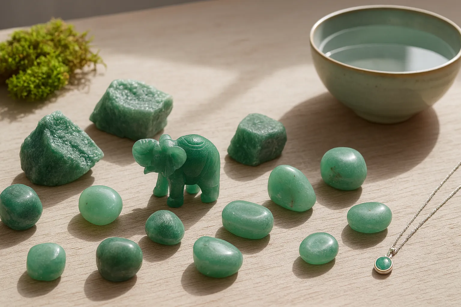 سنگ آونتورین سبز در کنار مجسمه فیل روی میز چوبی