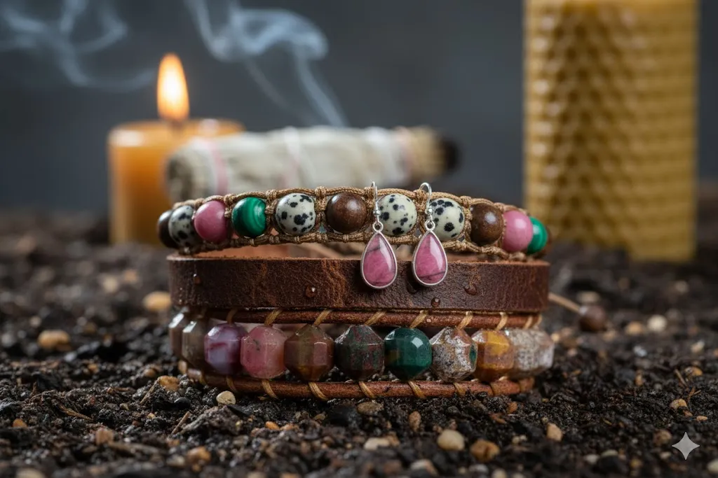 یک دستبند از سنگ‌های طبیعی رنگی و مهره‌های چوبی دیده می‌شود.