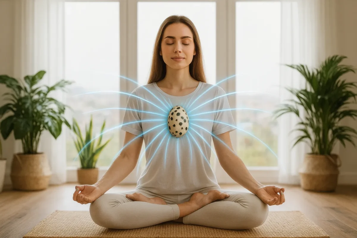 زن در حال مدیتیشن در اتاق روشن با سنگ دالماتین روی سینه.