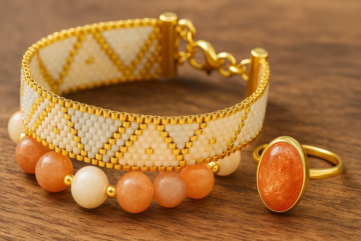 دستبند طلایی با سنگ سان استون نارنجی و سفید