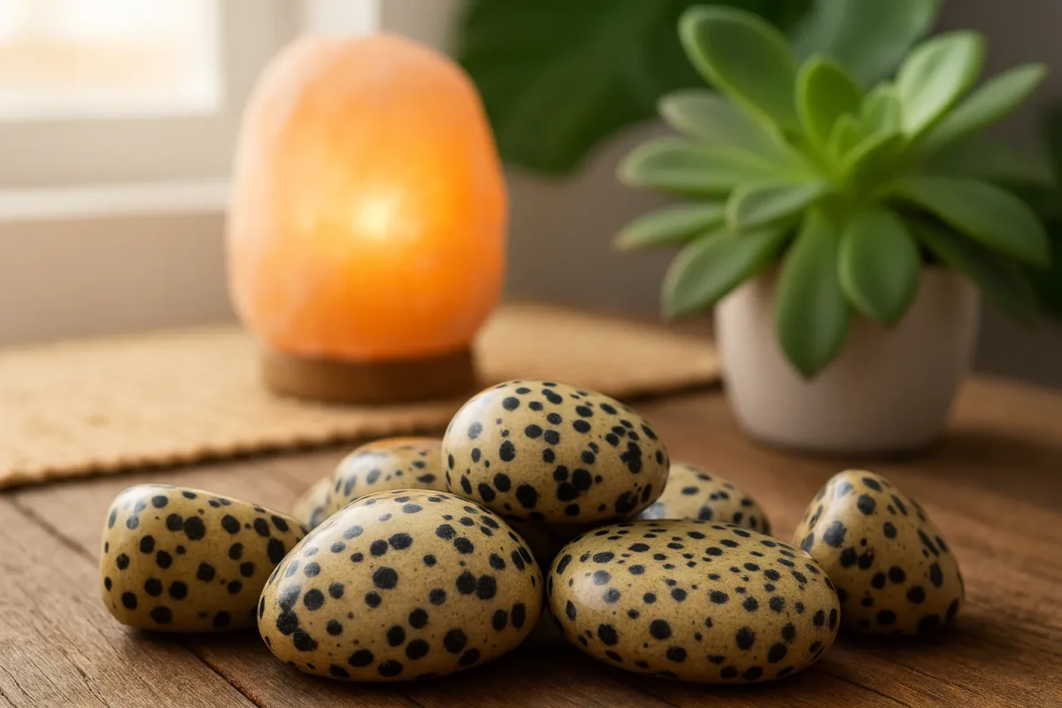 تصویر چند عدد سنگ دالماتین با لکه‌های سیاه مشخص روی میز چوبی.