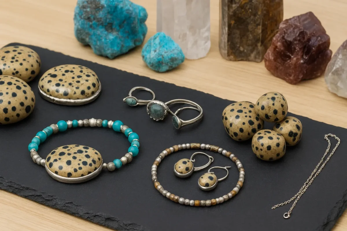 زیورآلات دست‌ساز شامل دستبند، انگشتر و گوشواره با سنگ دالماتین.