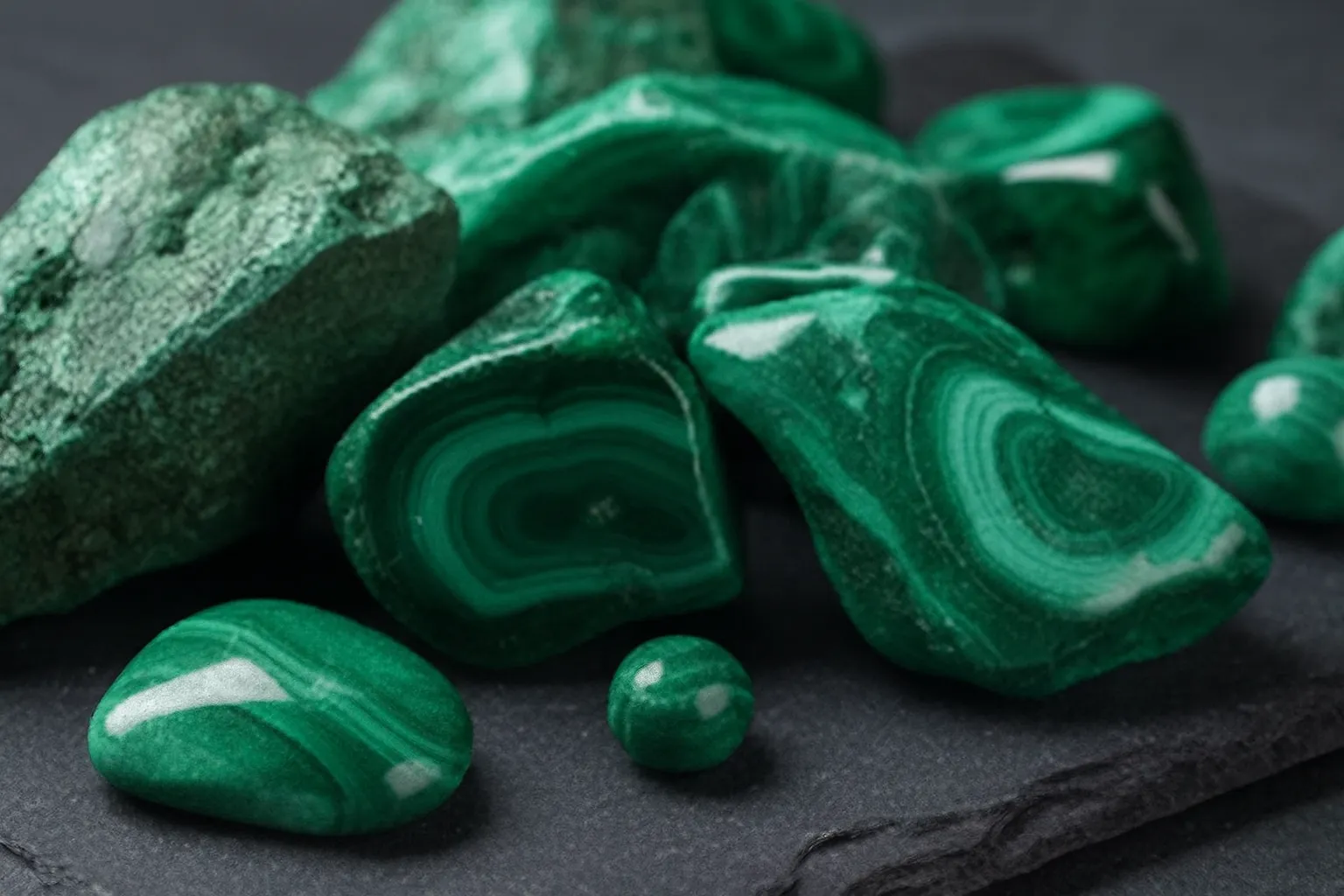 نمای نزدیک از سنگ‌های طبیعی سبز با رگه‌های حلقه‌ای، نمایش‌دهنده خواص سنگ مالاکیت