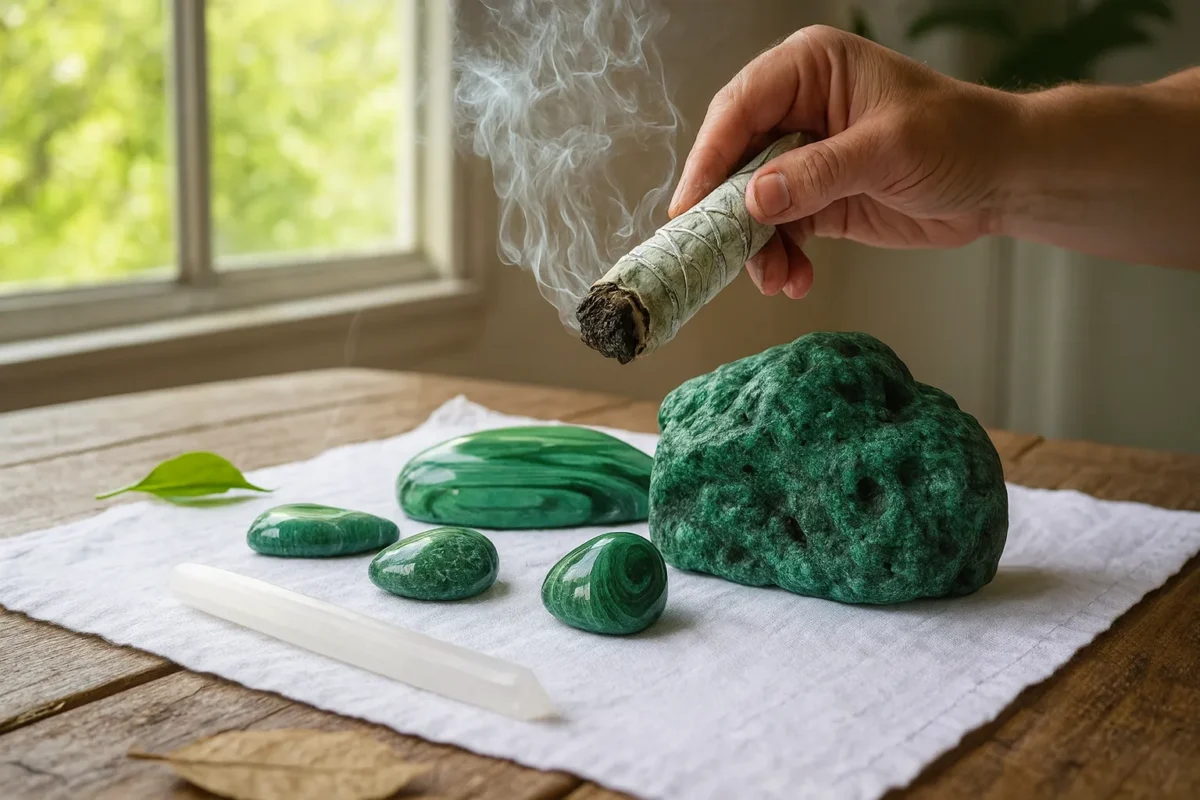 پاکسازی سنگ مالاکیت با دود گیاهان مقدس و خواص سنگ مالاکیت