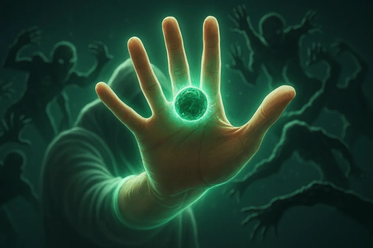 تصویر مفهومی محافظت انرژیایی با نور سبز و خواص سنگ مالاکیت