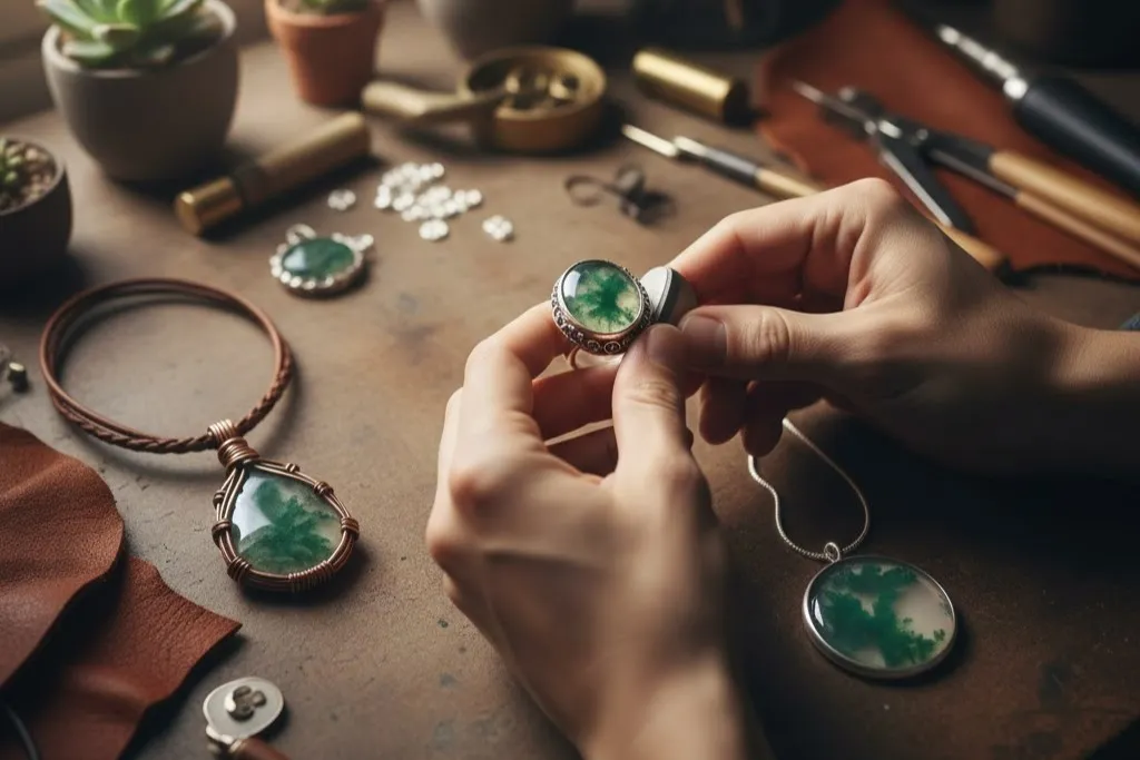 چیدمان هنری یک گردنبند نقره دستساز با آویز عقیق خزهای درشت.