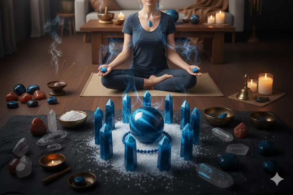 مدیتیشن با سنگ چشم ببر آبی و کریستالهای انرژی