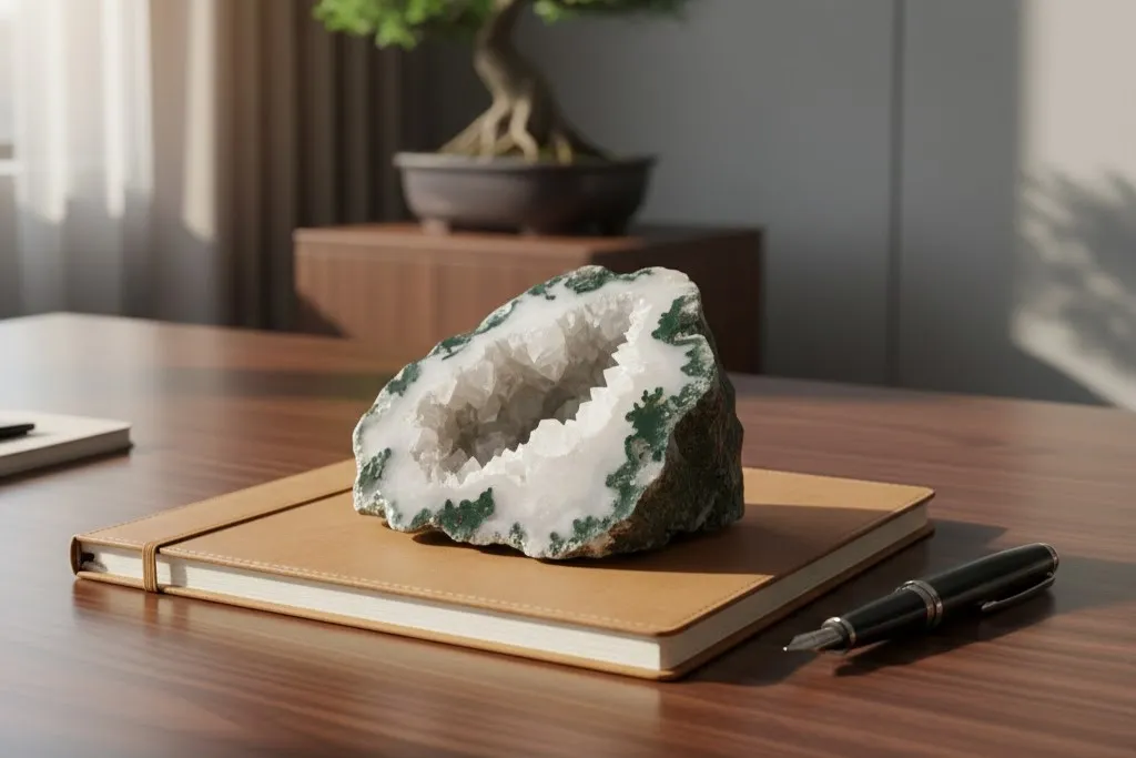 یک قطعه کریستال عقیق خزهای خام و بزرگ، روی میز اداری چوبی.