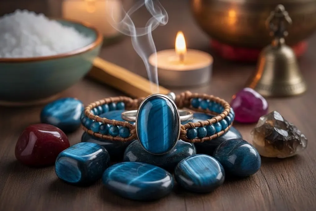 انگشتر و دستبند چشم ببر آبی همراه با سنگ‌های طبیعی