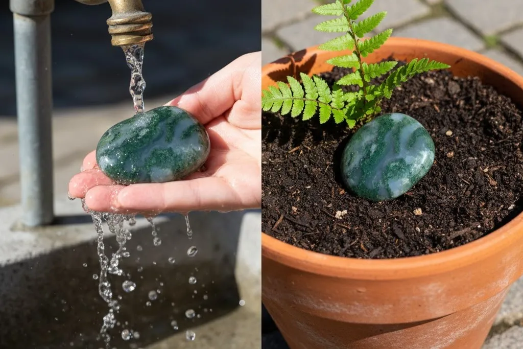 سنگ عقیق خزهای در دو صحنه واقعی و عریض نمایش داده شده است.